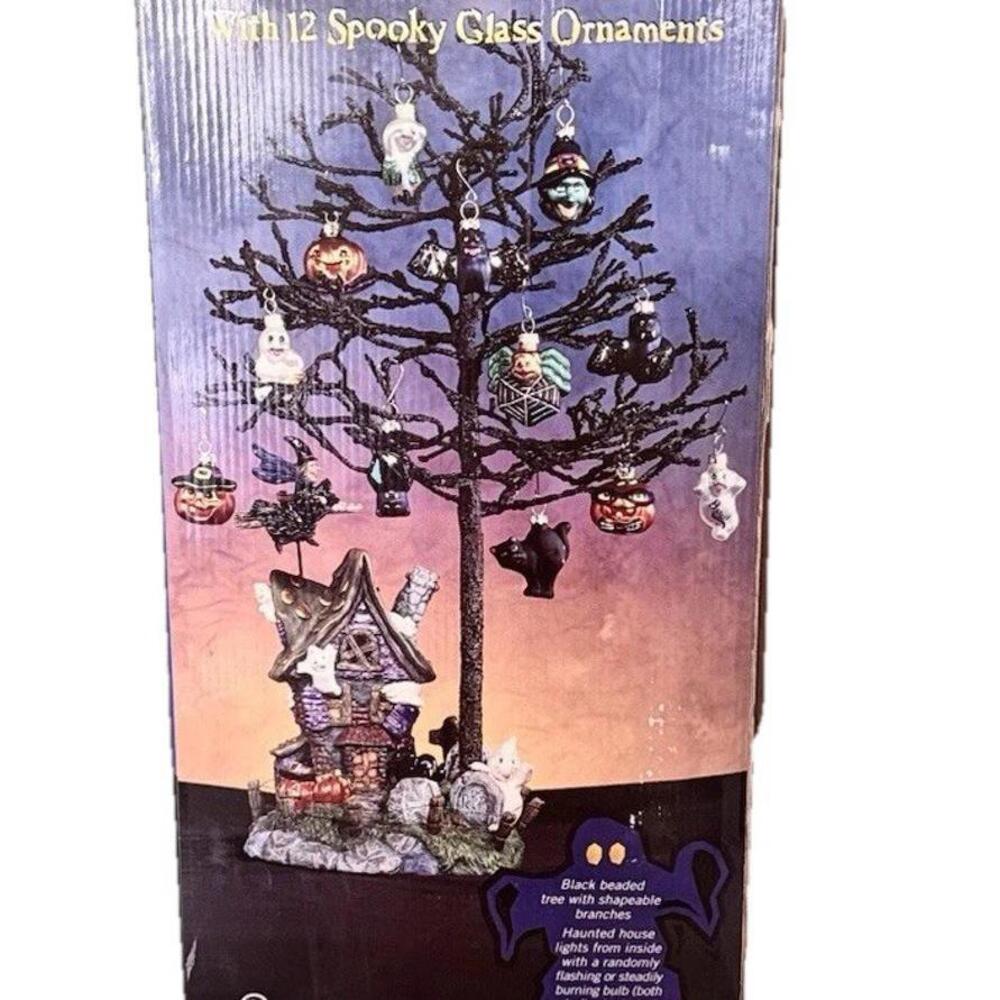 Vintage Costco Halloween Lighted House & Tree 12 Spooky Glass Ornaments 22" Tall